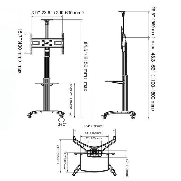 Rysunek techniczny - mobilny stojak do TV AVF1500-50-1P_technical