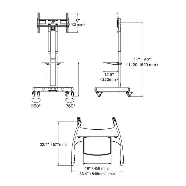Rysunek techniczny - mobilny stojak do TV AVA1500-60-1P